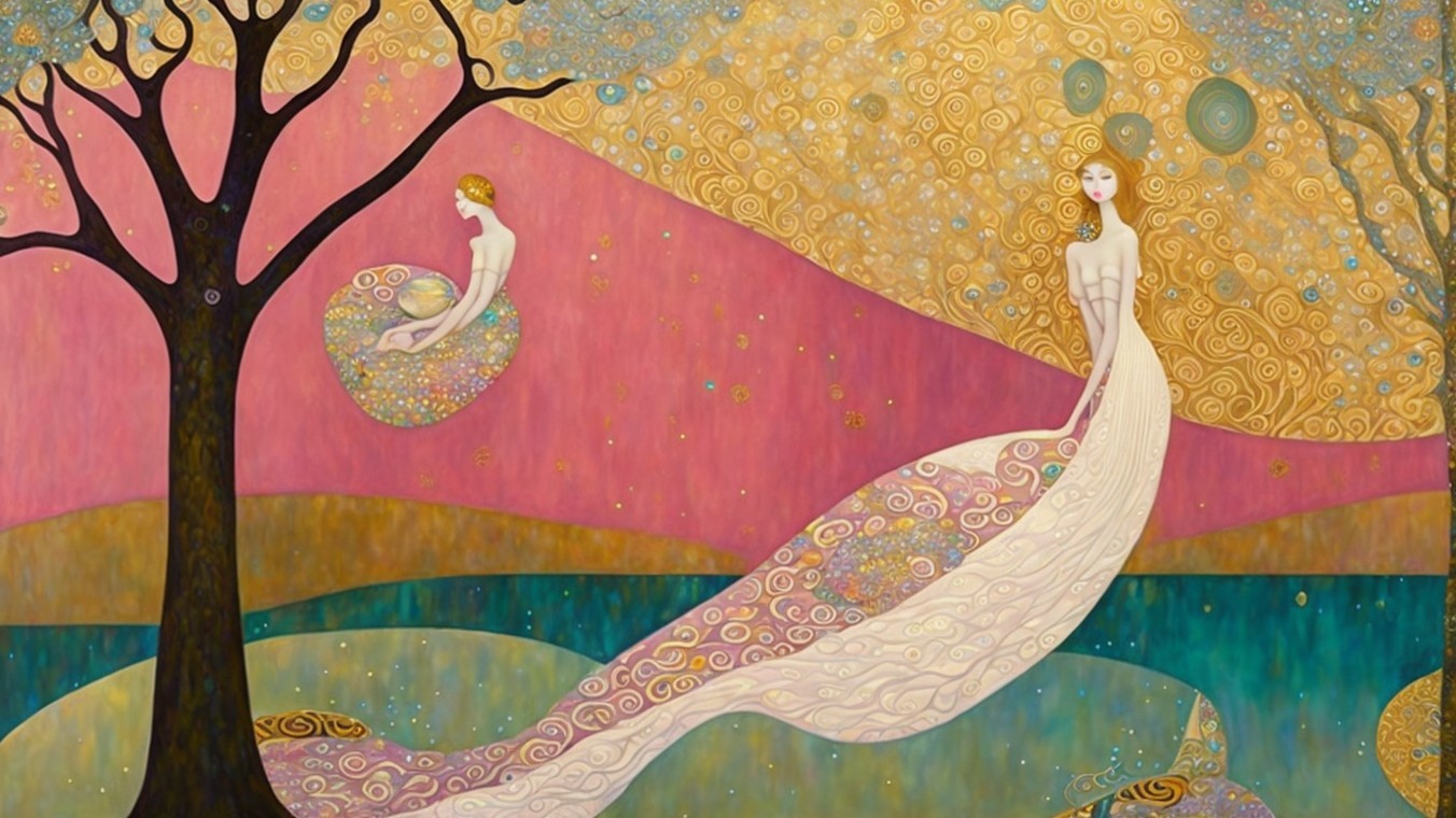 Ethereal Figures in Whimsical Pink and Gold Landscape