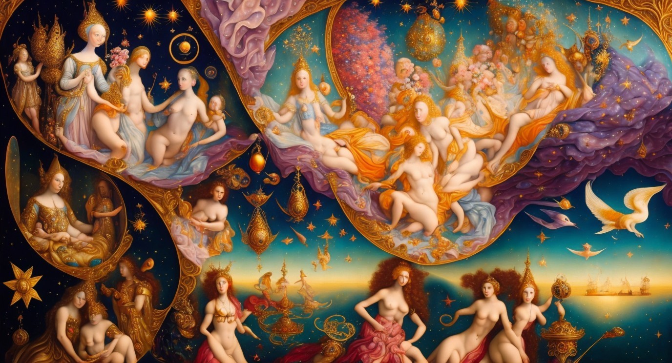 Vibrant Celestial Scene with Ethereal Female Figures