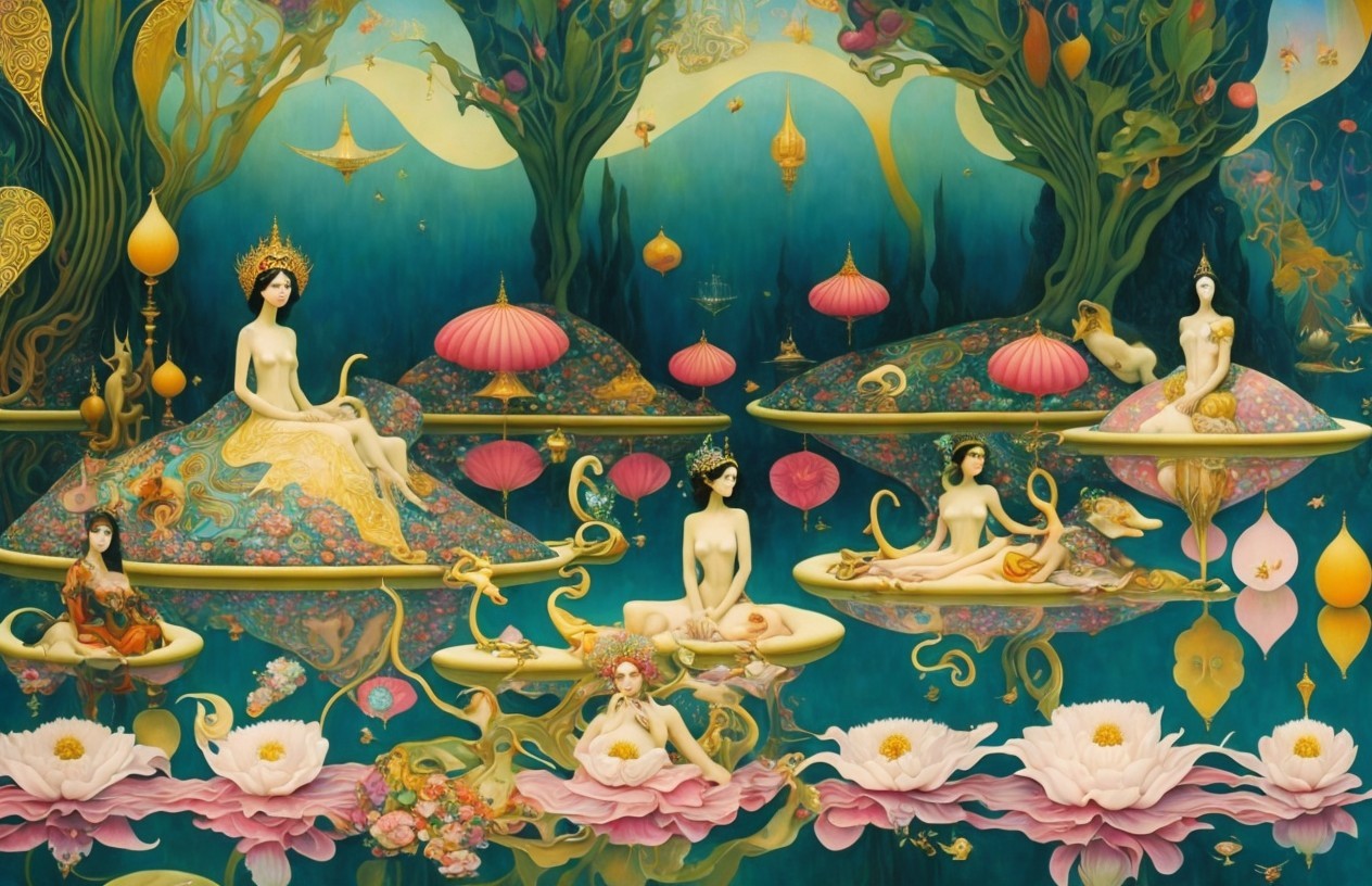 Ethereal Figures on Vibrant Platforms in Surreal Landscape