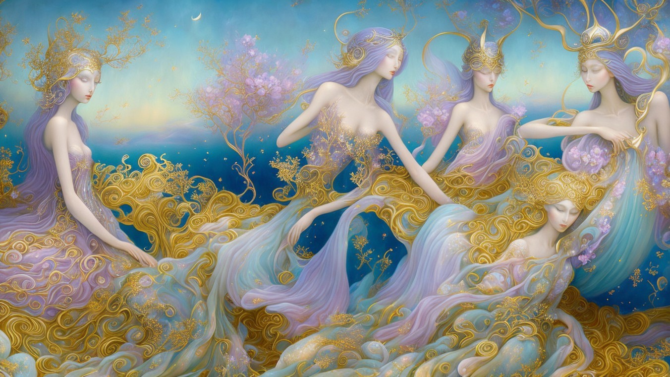 Ethereal Figures in Golden Crowns Amidst Ocean Waves