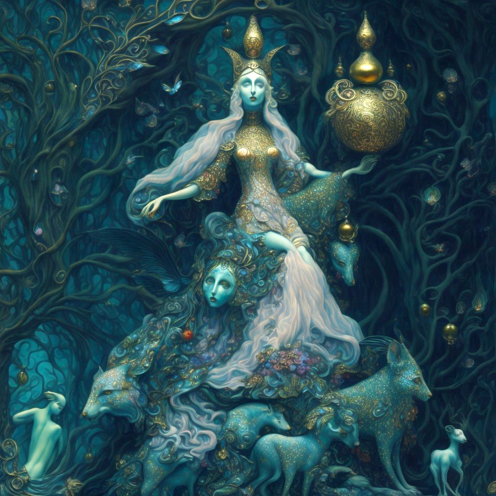 Mystical figure with golden vessel in enchanted setting
