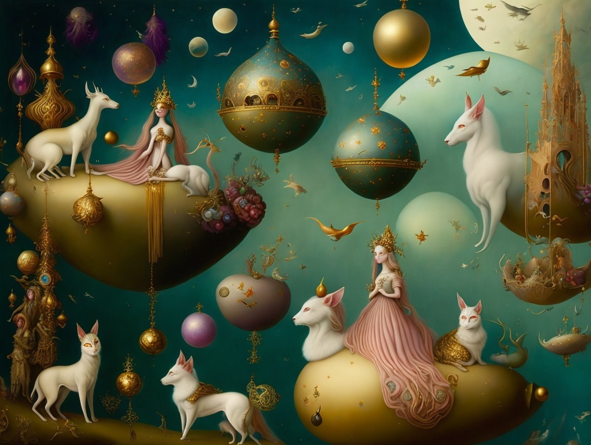Ethereal Figures and Mythical Creatures in Dreamy Landscape