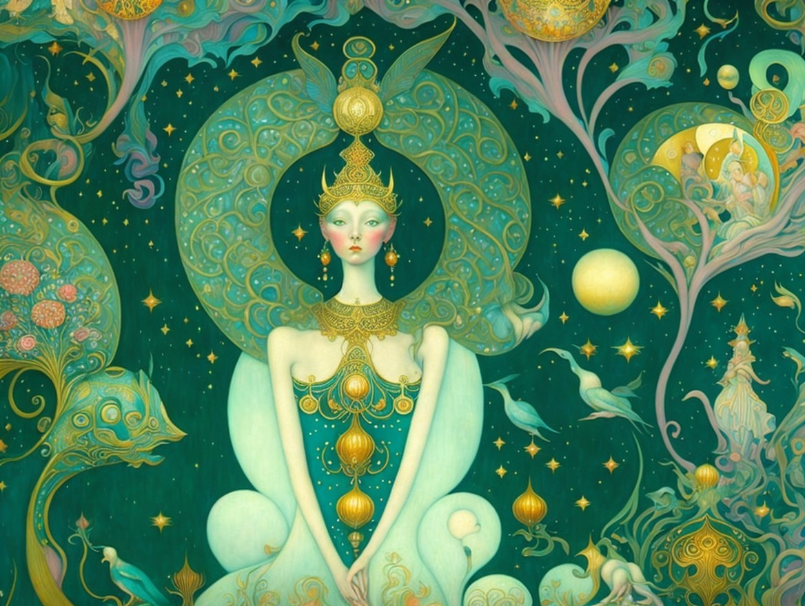 Ethereal figure with jewelry in vibrant floral setting