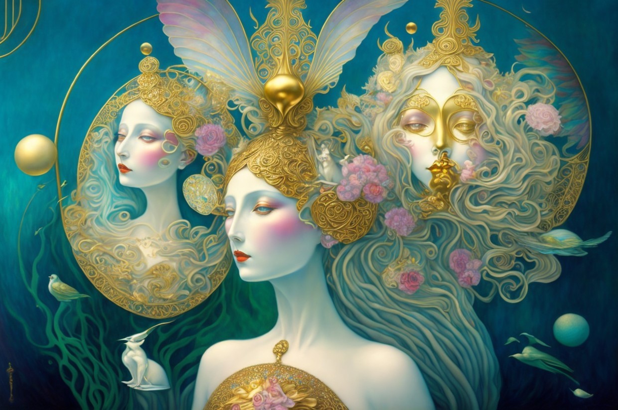 Ethereal Artwork with Three Intricate Faces and Motifs