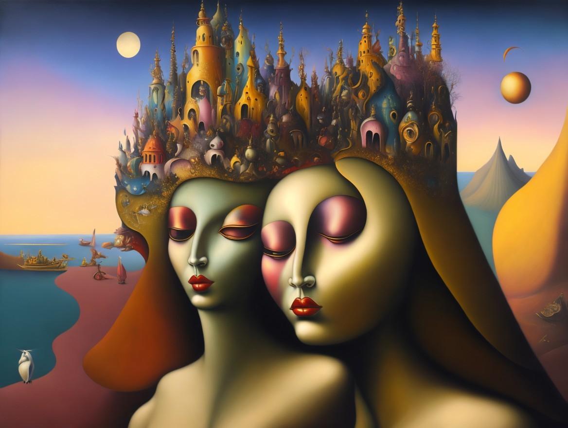 Stylized female figures in a whimsical cityscape