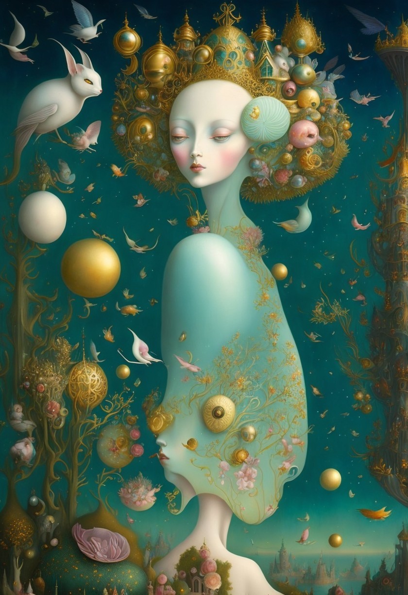 Surreal Scene with Ethereal Figures and Fantasy Elements