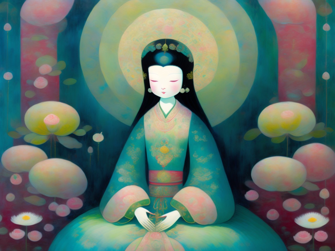 Serene Figure in Traditional Attire Among Lotus Flowers