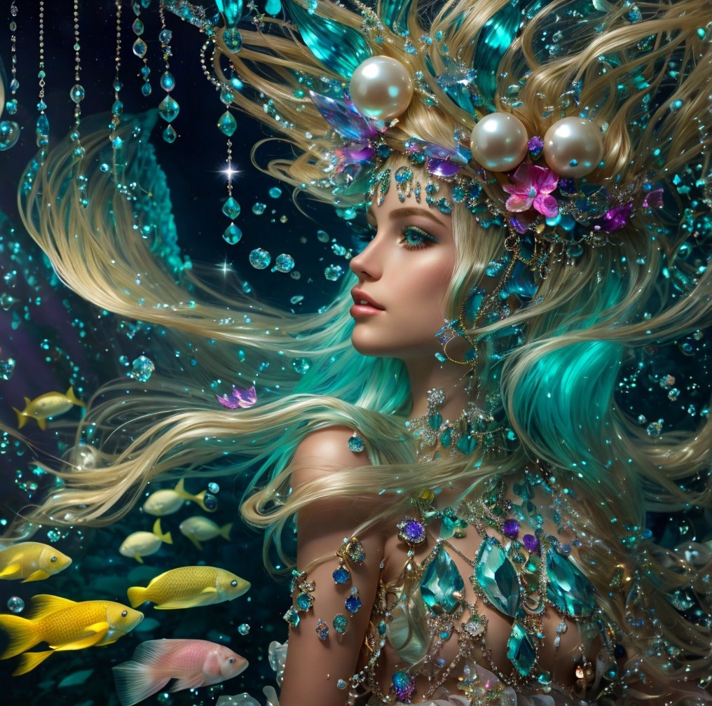 Underwater Scene of a Mystical Figure with Jewels