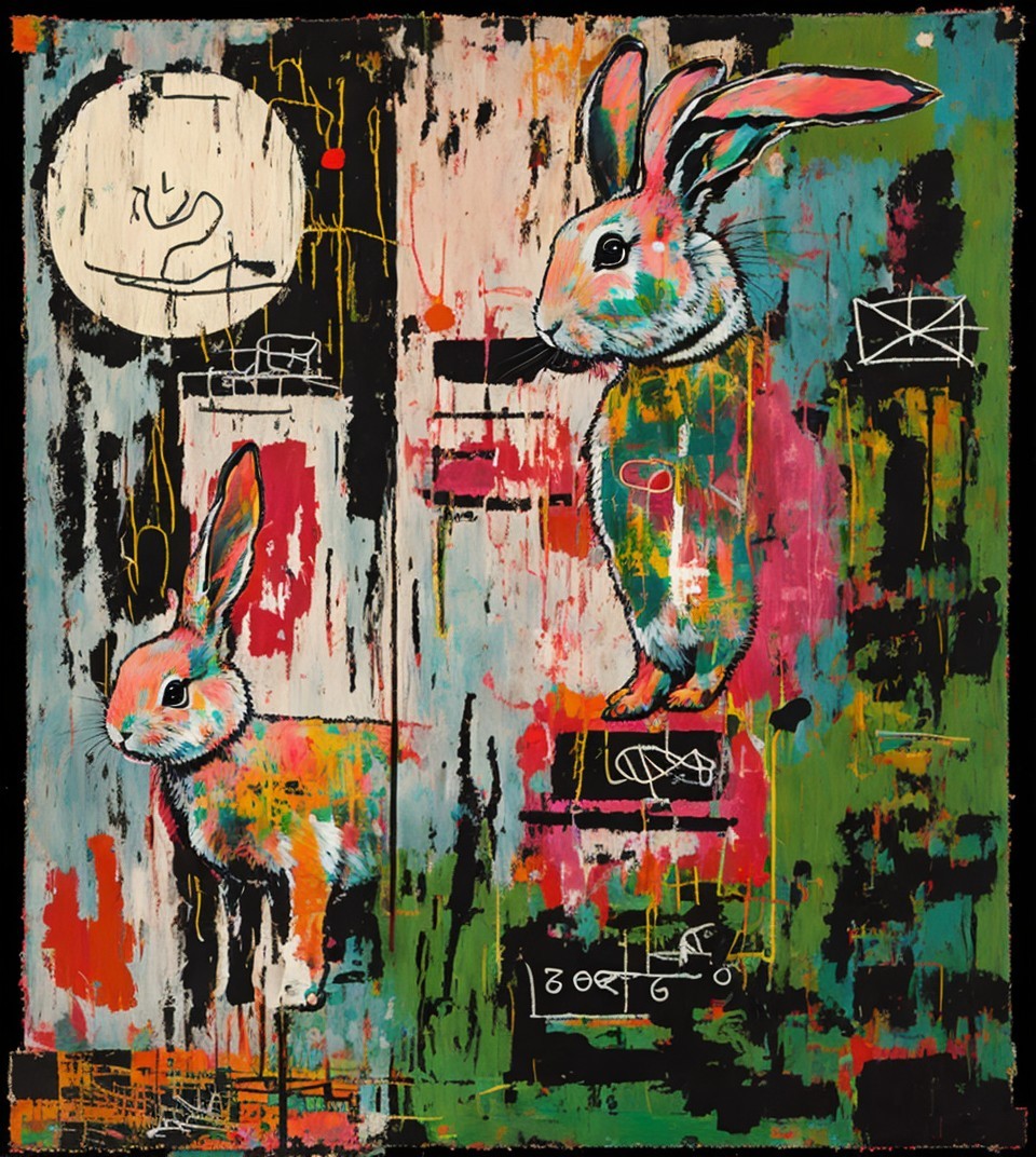 Stylized Rabbits on Abstract Colorful Background