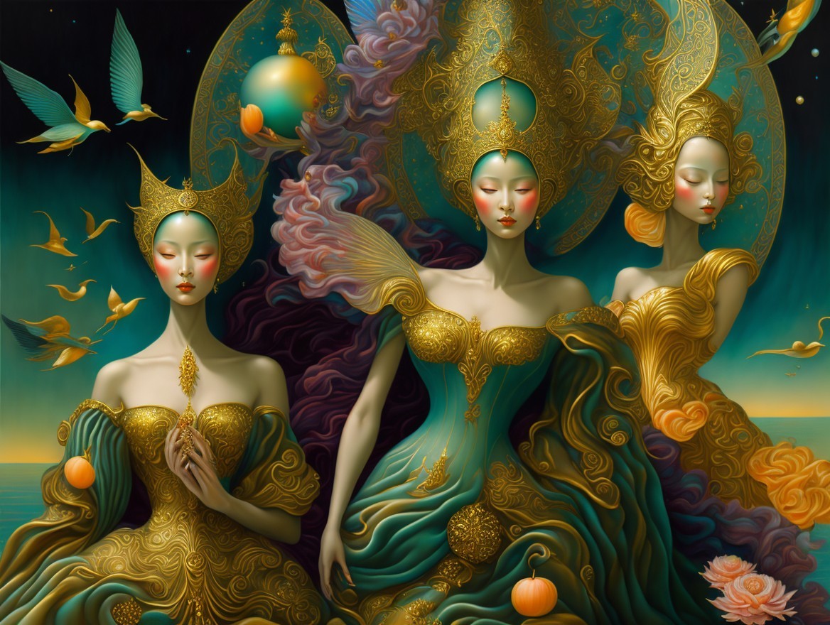 Elegant Figures in Gold Gowns in Dreamlike Landscape