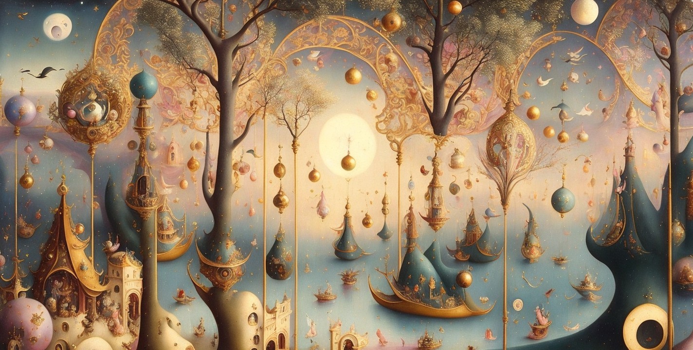 Whimsical Landscape with Floating Orbs and Structures