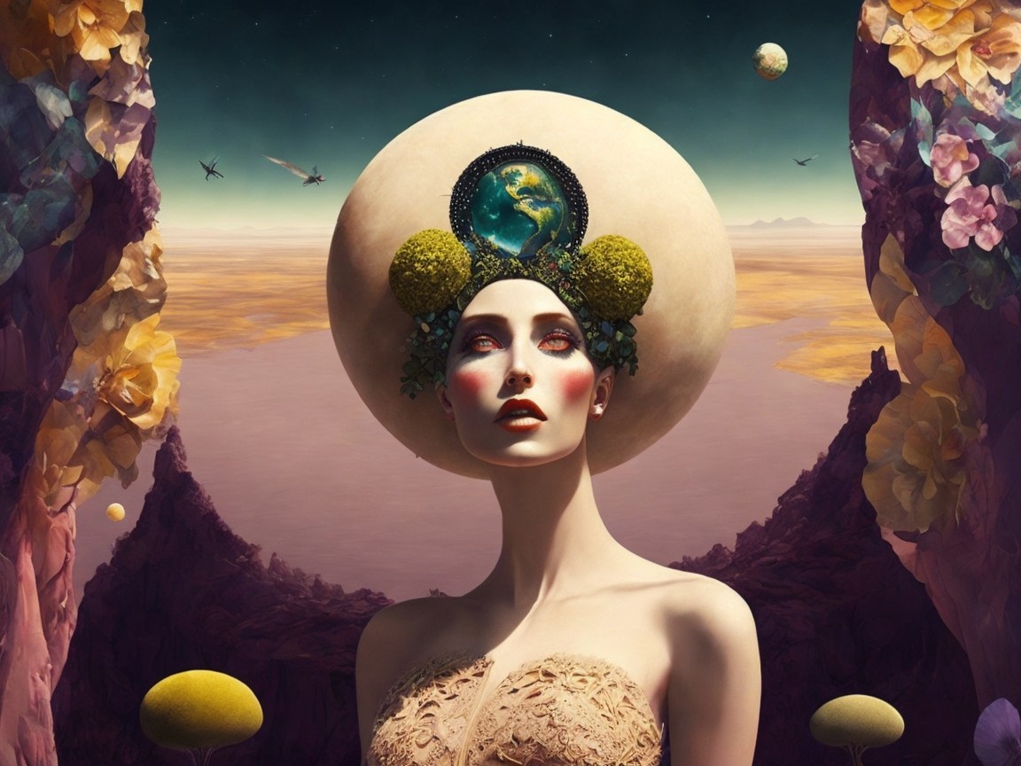 Surreal Figure in a Fantastical Landscape with Globe Headdress