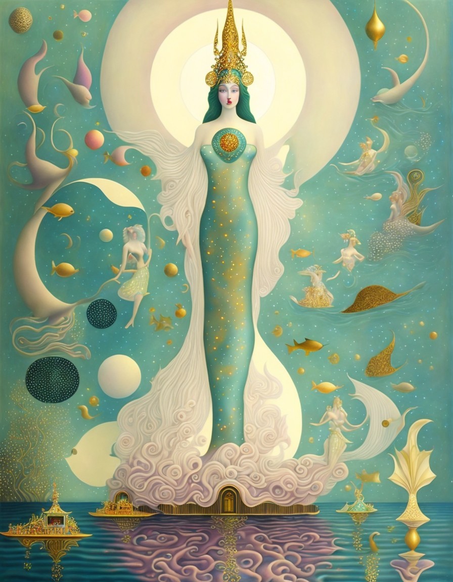 Mystical Figure in Crown Surrounded by Ethereal Creatures