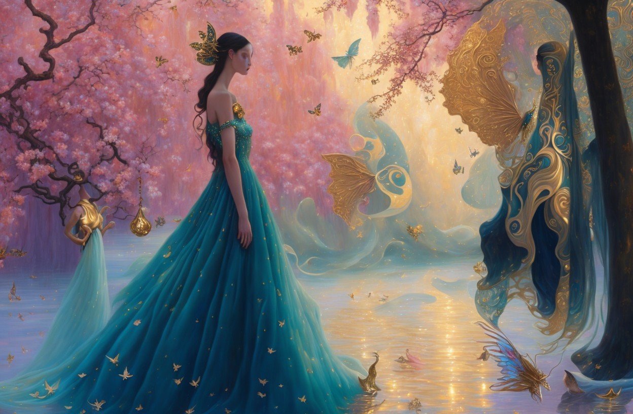 Woman in Teal Gown by Shimmering Lake and Blossoms