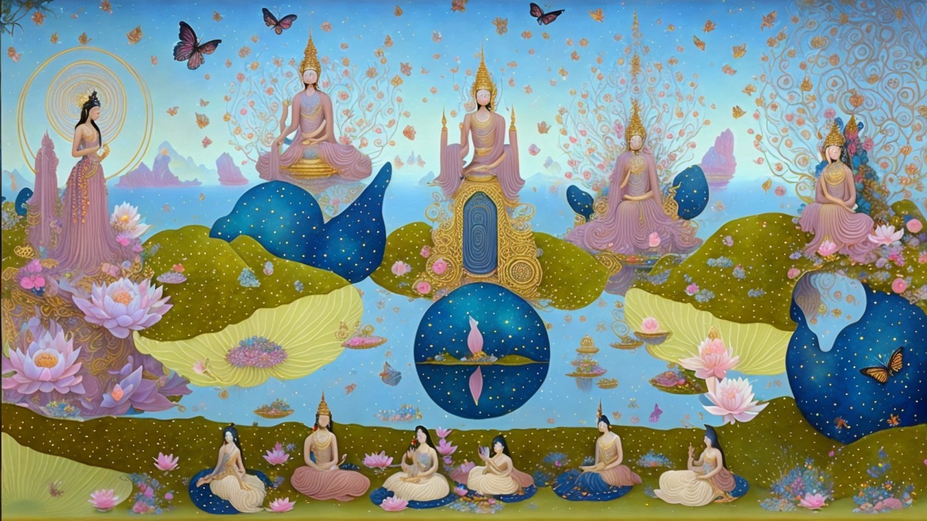 Pastel Landscapes with Buddha Figures and Lotus Flowers