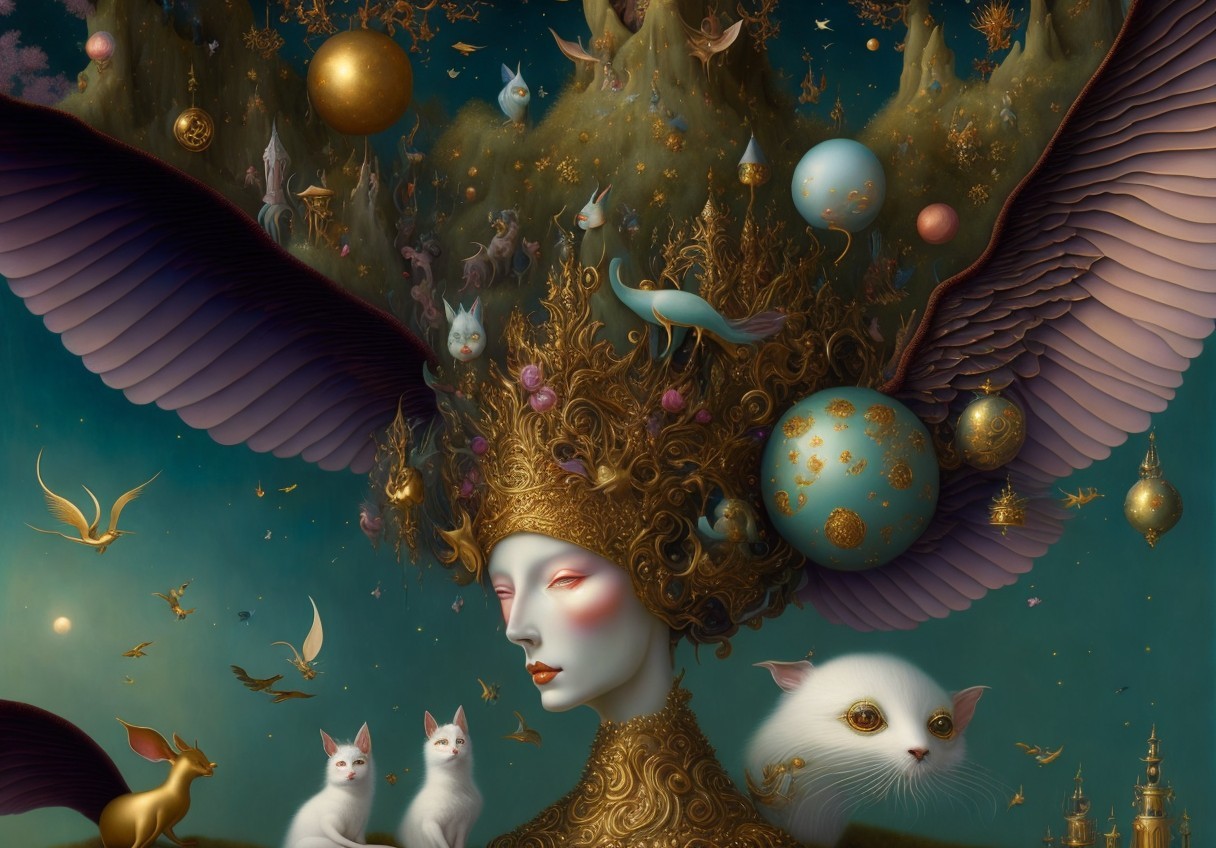 Serene figure with crown in dreamlike landscape