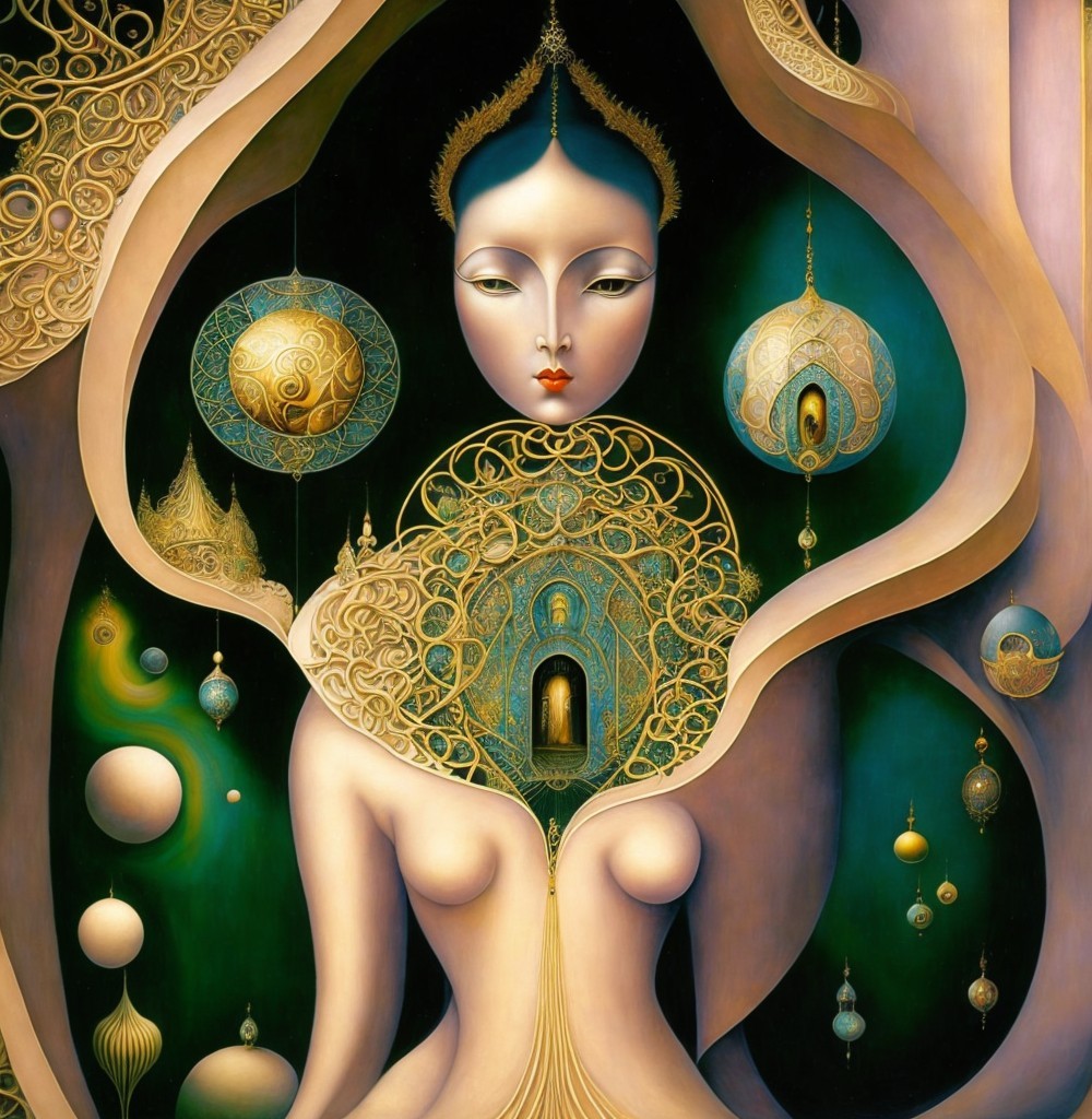 Mesmerizing figure with elongated neck and golden patterns