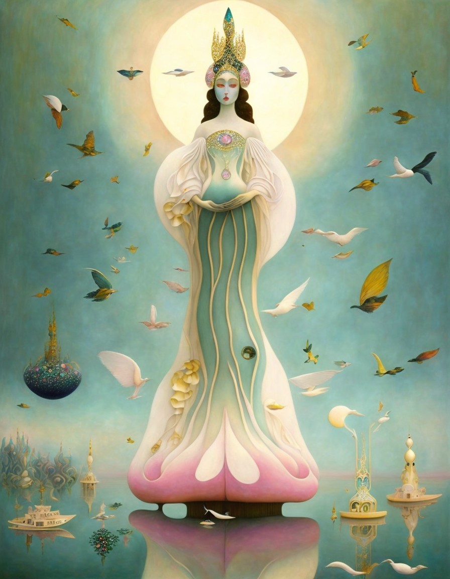 Ethereal Woman in Flowing Garments Amid Surreal Landscape