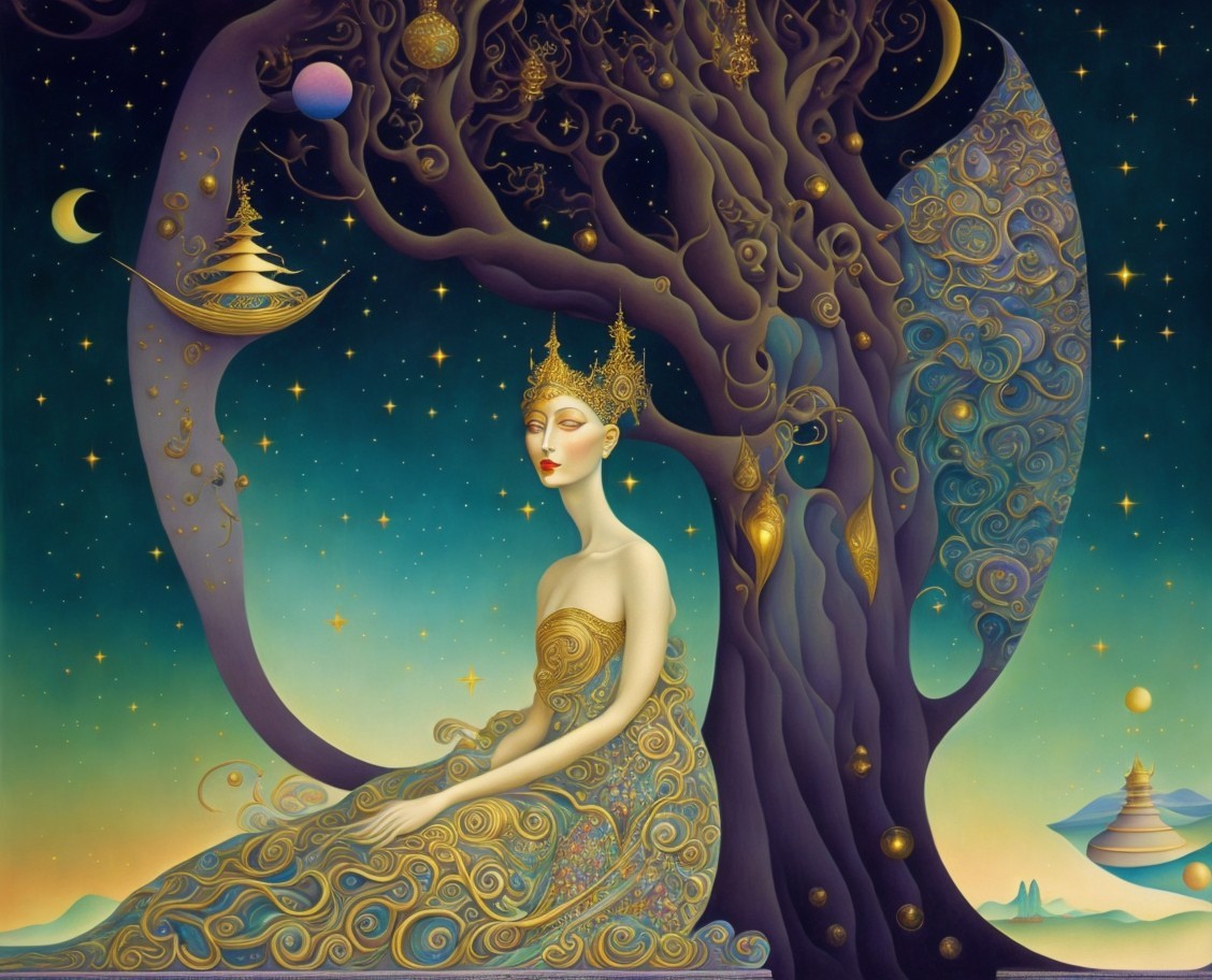 Ethereal Woman Beneath Stylized Tree with Cosmic Elements