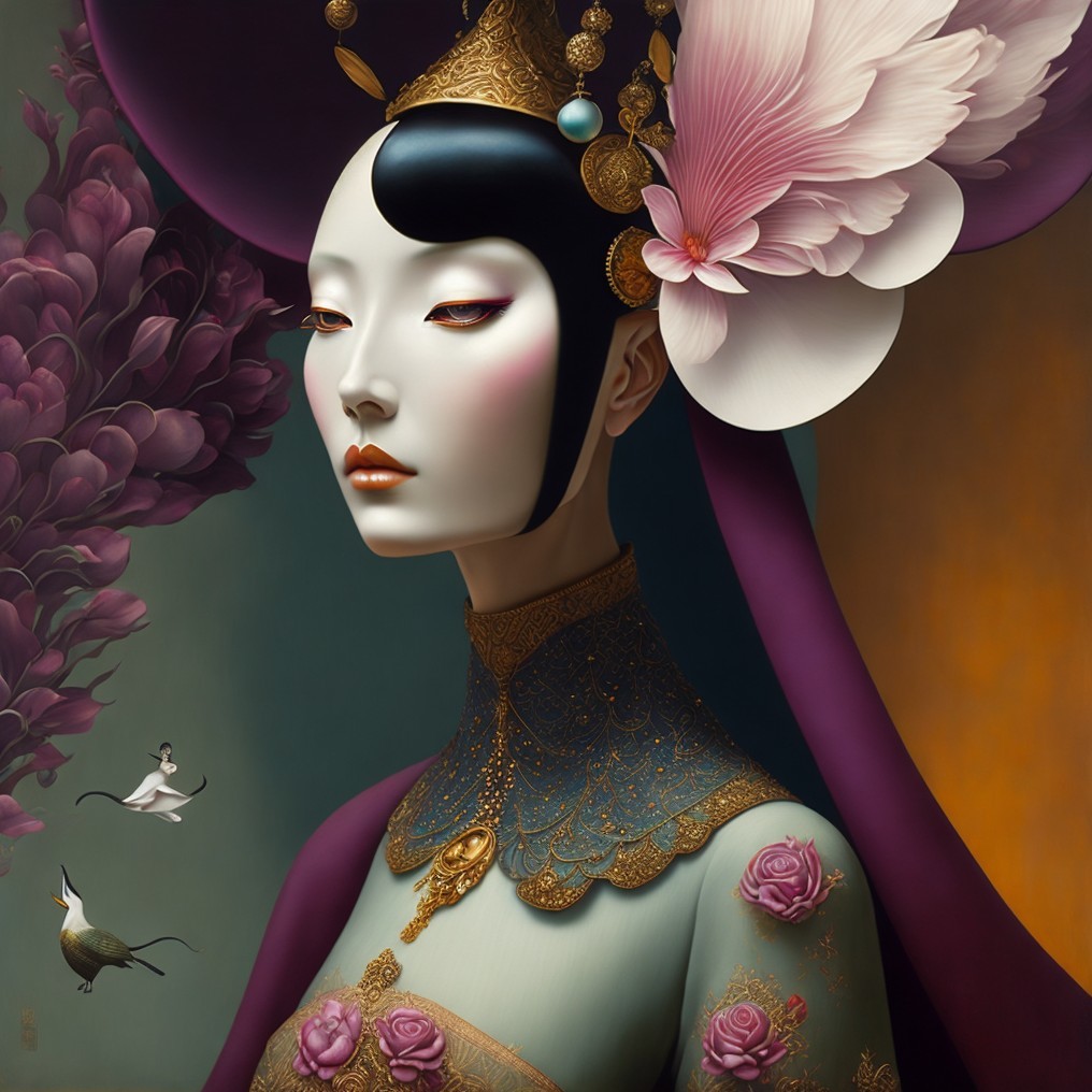 Regal Figure in Intricate Attire with Floral Motifs