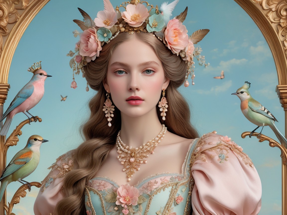 Pastel Gown with Floral Designs and Jewelry Details