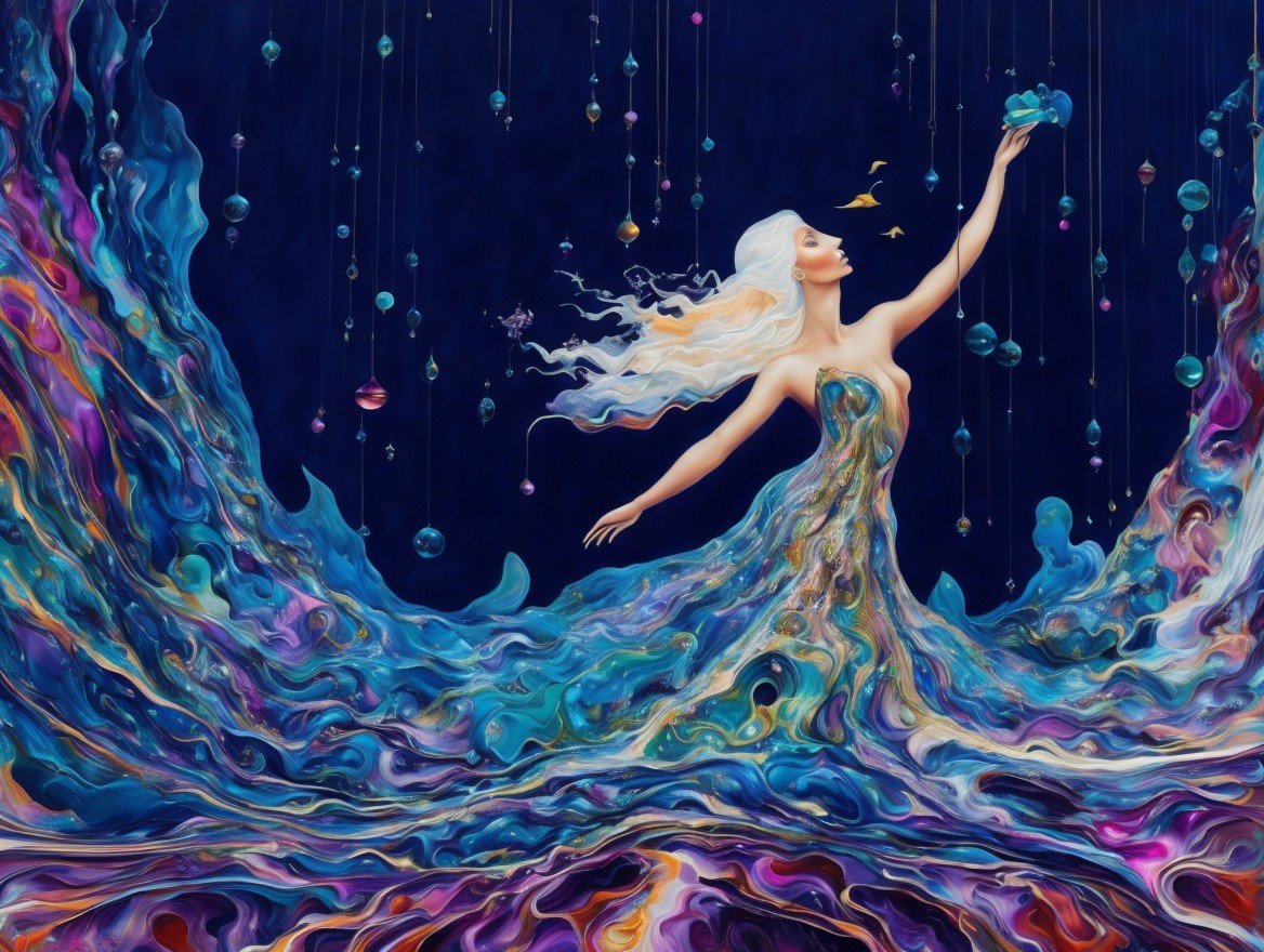 Woman in Colorful Gown Amidst Vibrant Waves and Flowers