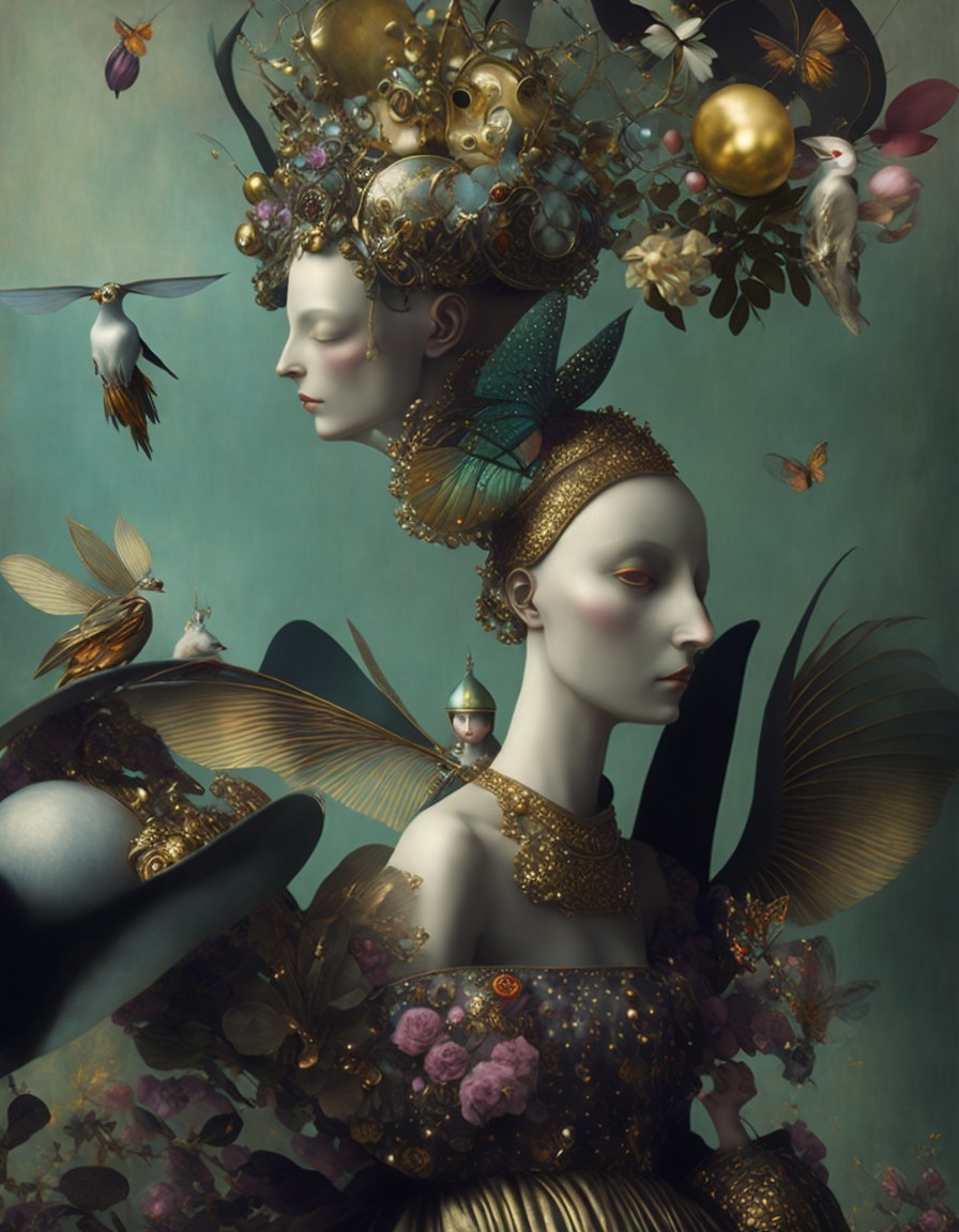 Ethereal Figures with Ornate Headdresses and Butterflies