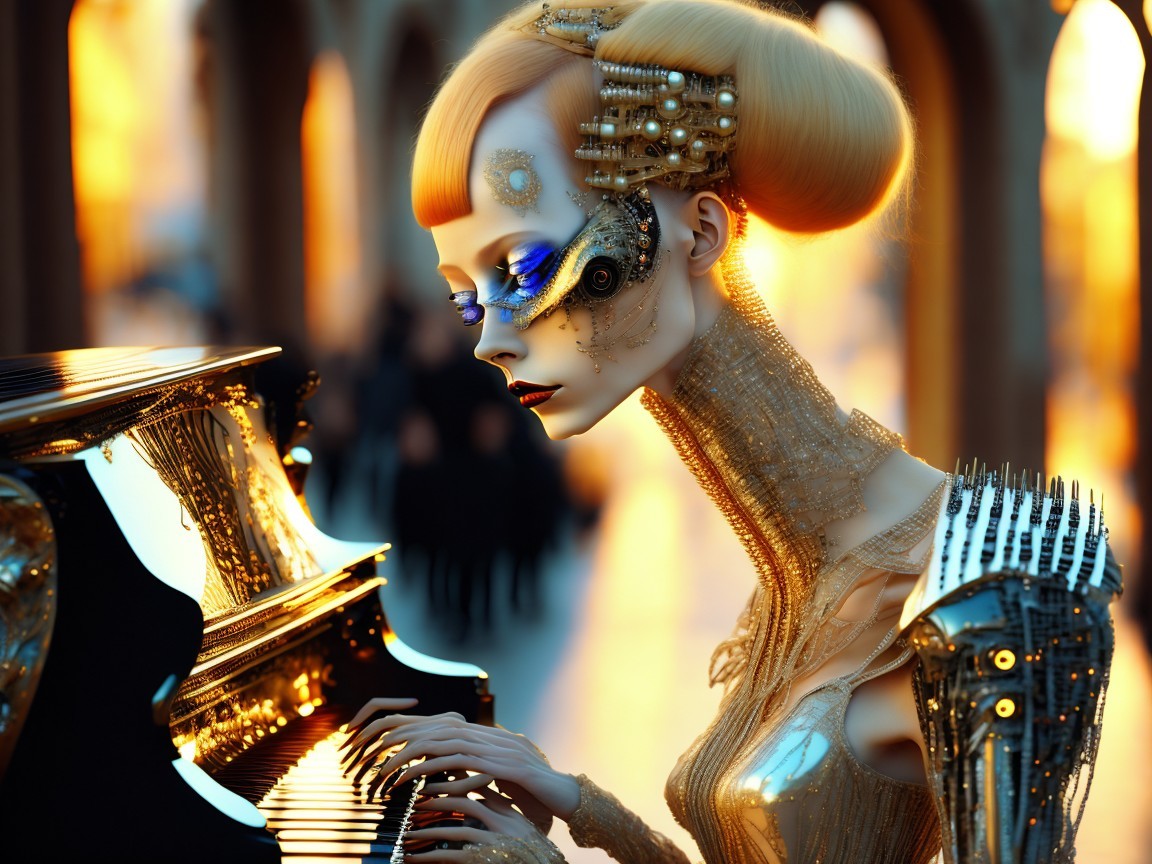Futuristic humanoid figure at grand piano in golden light