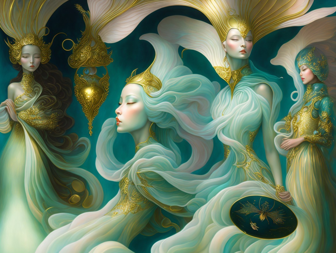 Celestial Scene with Ethereal Figures in Turquoise and Gold