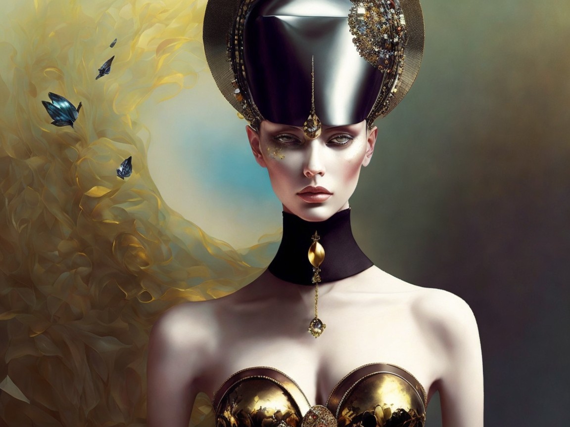 Elegant Futuristic Fashion with Ornate Headdress