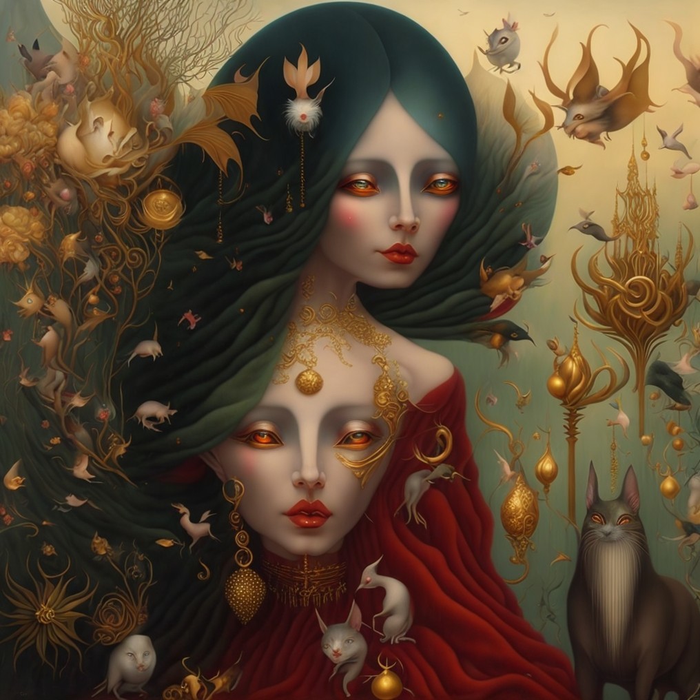 Ethereal Women with Golden Eyes in Whimsical Scene