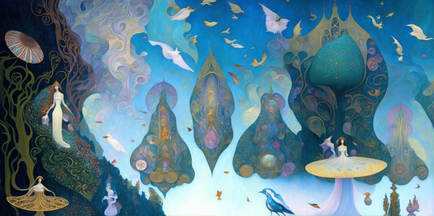 Surreal Landscape with Ethereal Figures and Colors