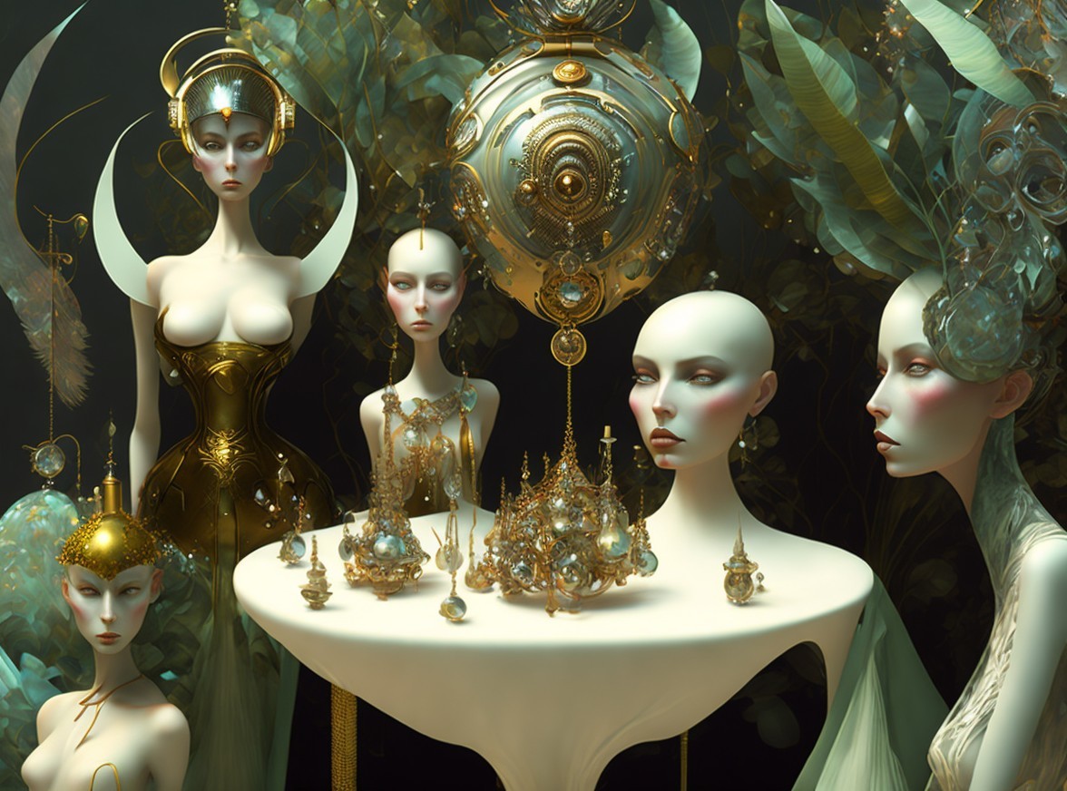 Surreal Scene of Ethereal Figures in Metallic Garments