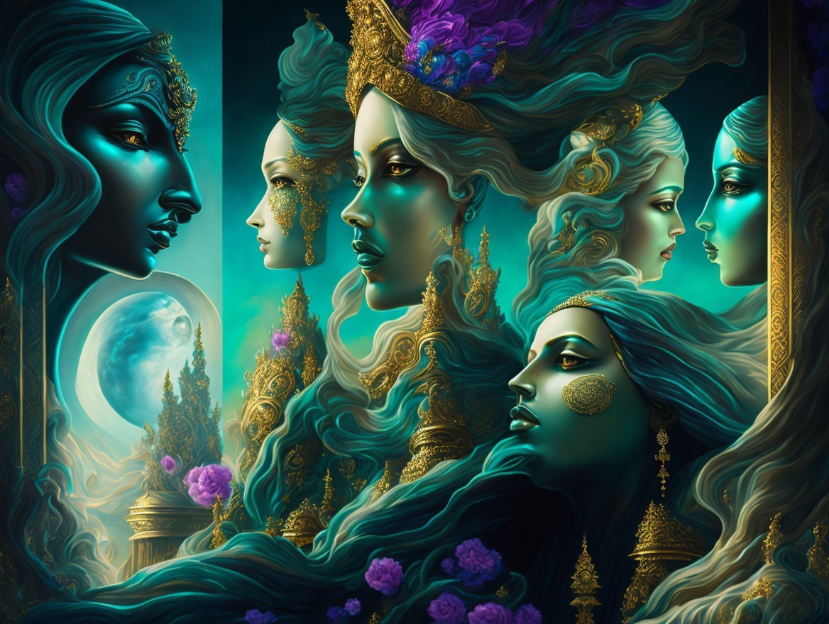 Ethereal Figures with Flowing Hair in Mystical Scene
