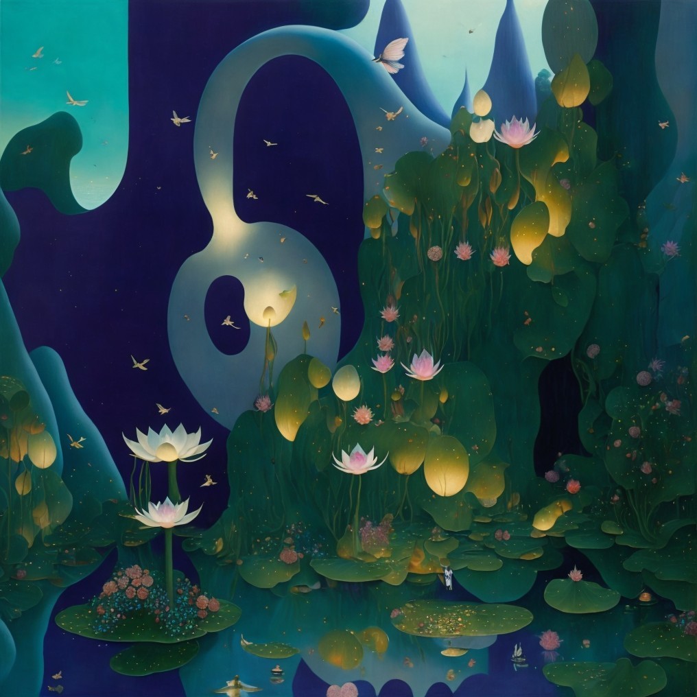 Serene Landscape with Lotus Flowers and Ethereal Shapes