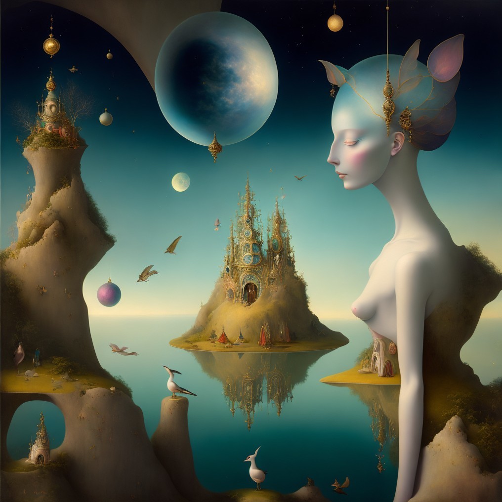 Surreal Landscape with Ethereal Figure and Celestial Bodies