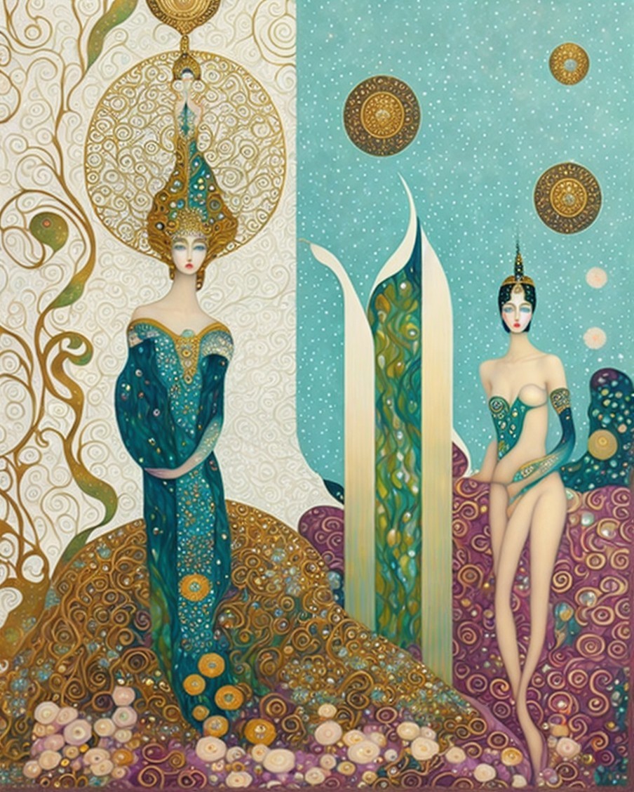 Ethereal Figures in Turquoise and Gold Artwork
