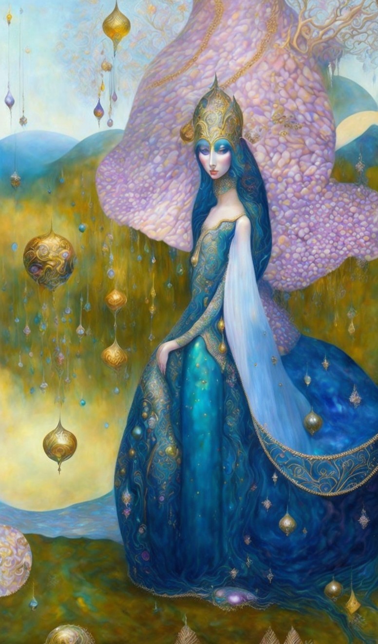 Mystical figure in flowing gown with ethereal landscape