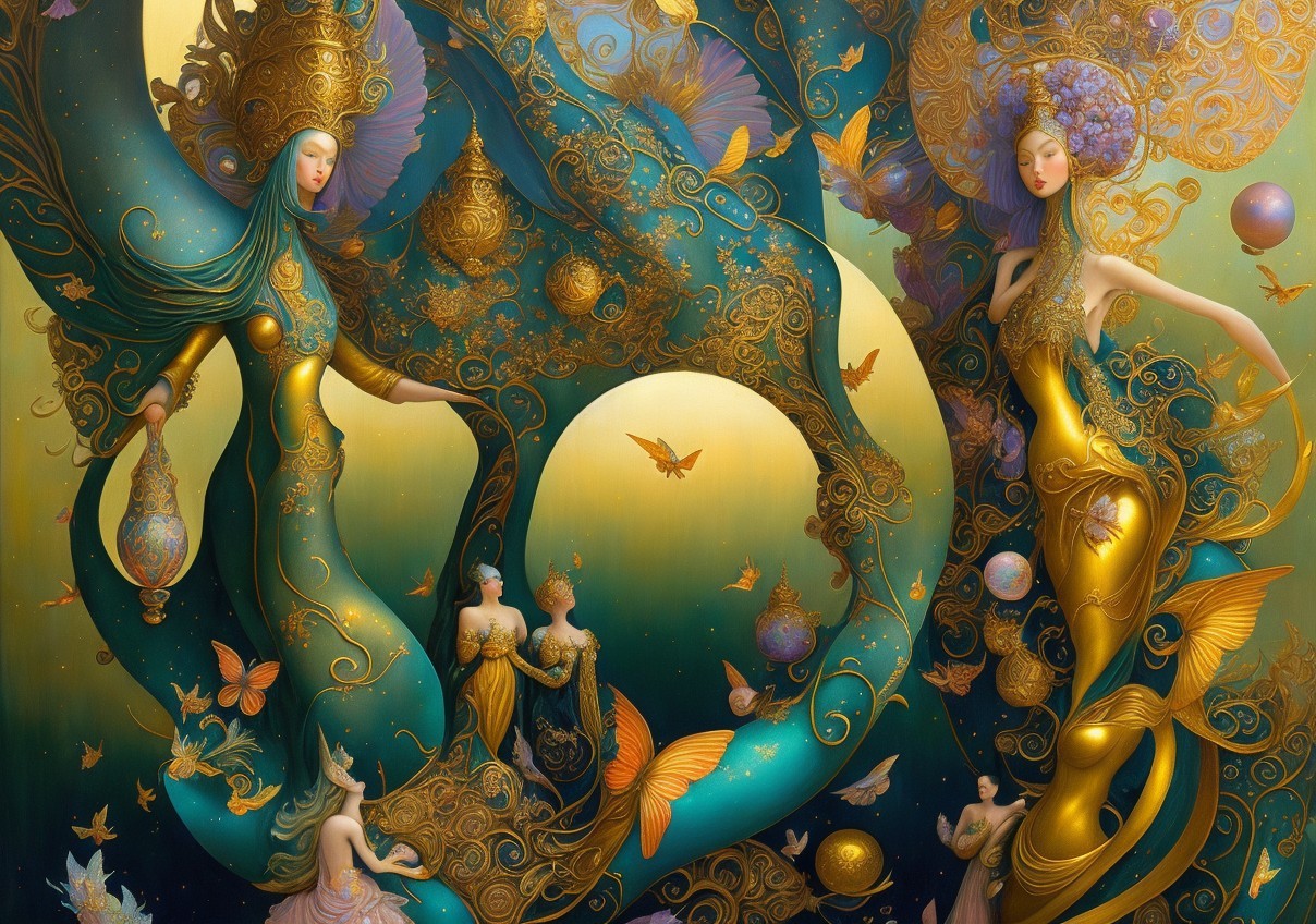 Ethereal Figures in Golden Attire with Butterflies