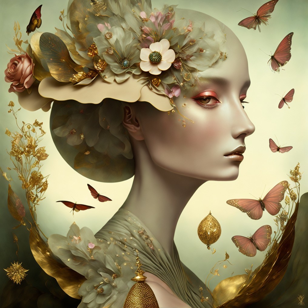 Serene Ethereal Figure with Floral Accents and Butterflies