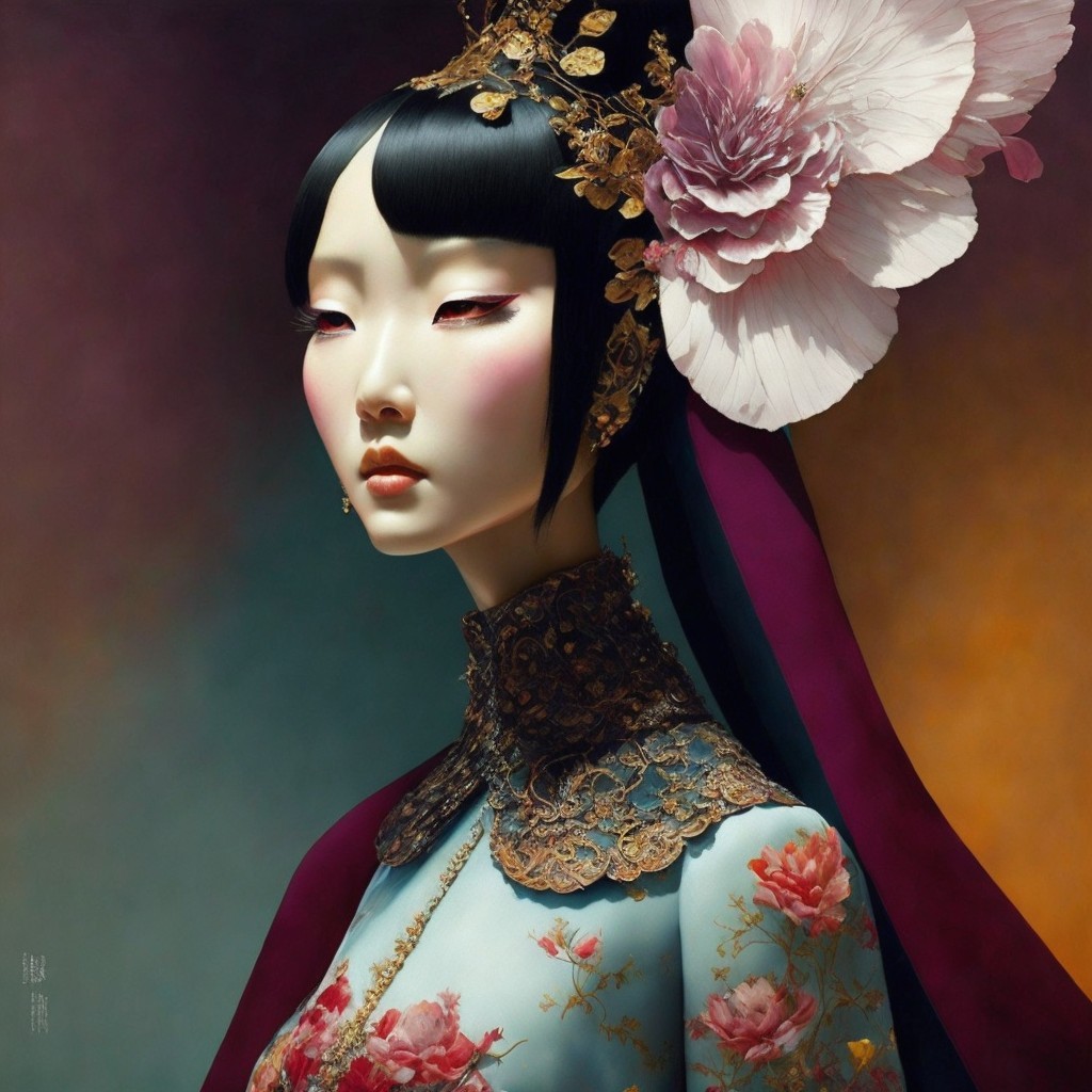 Portrait of a Woman in Traditional Attire with Floral Patterns