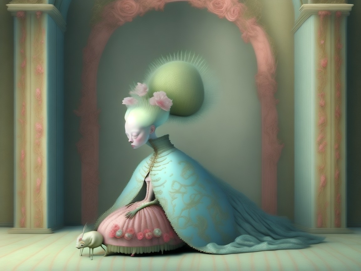 Surreal Figure in Ornate Gown with Floral Accents