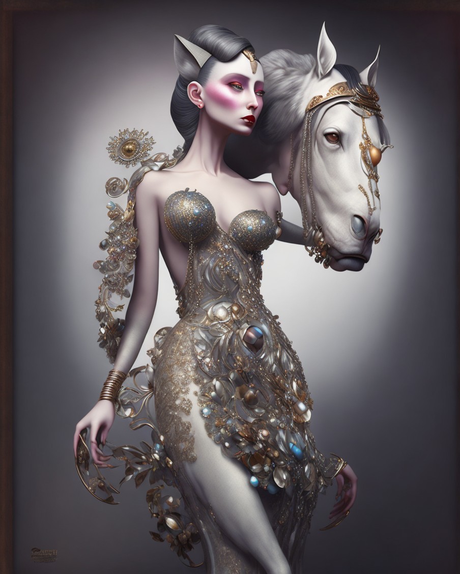 Surreal Figure with Human and Equine Features in Dress