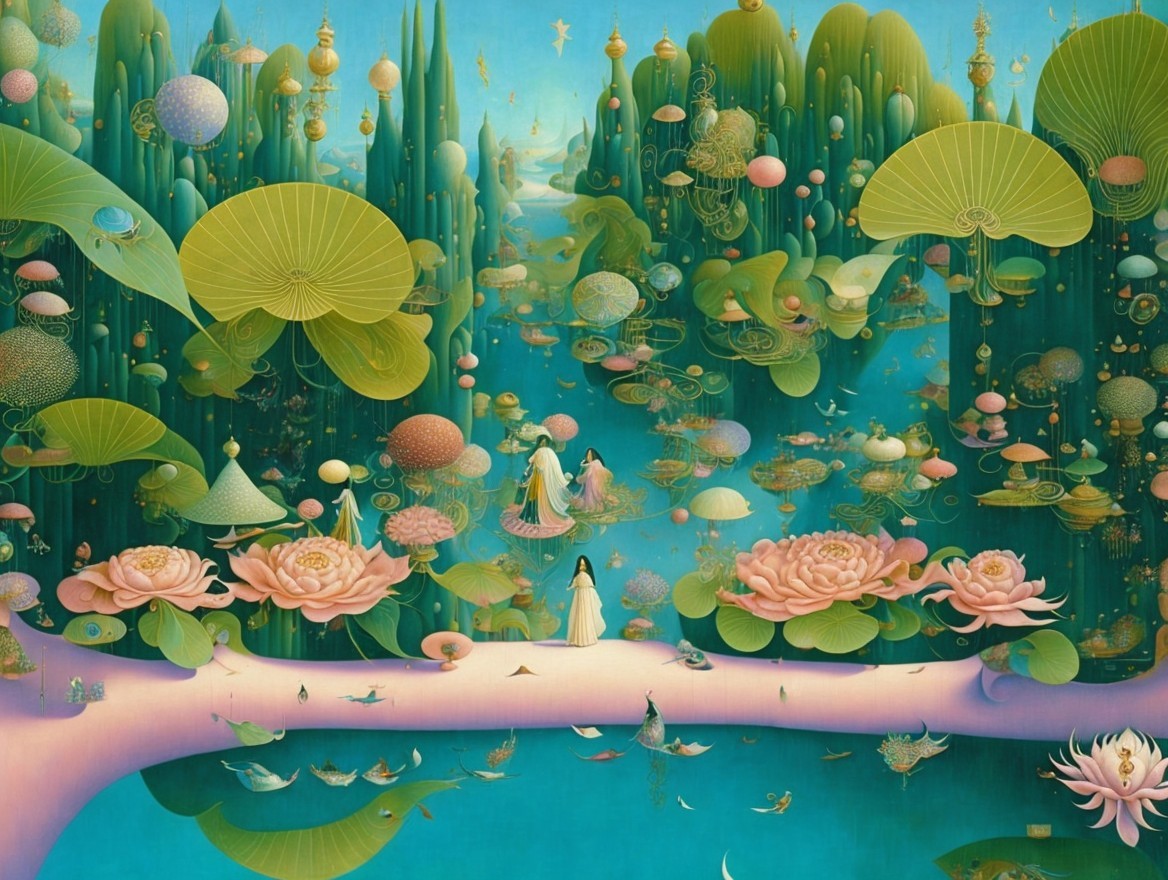 Dream-like Landscape with Lush Flora and Lotus Blossoms