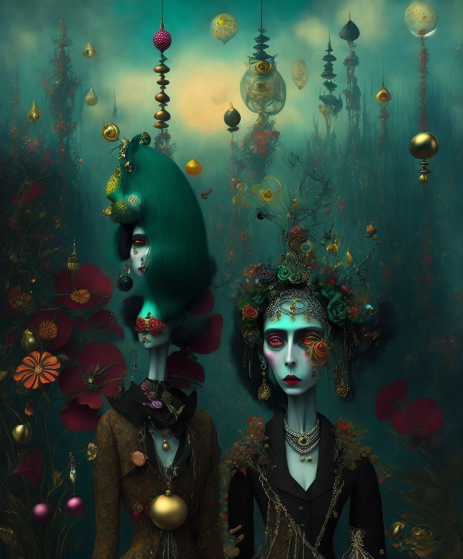 Surreal Landscape with Elegant Figures and Orbs