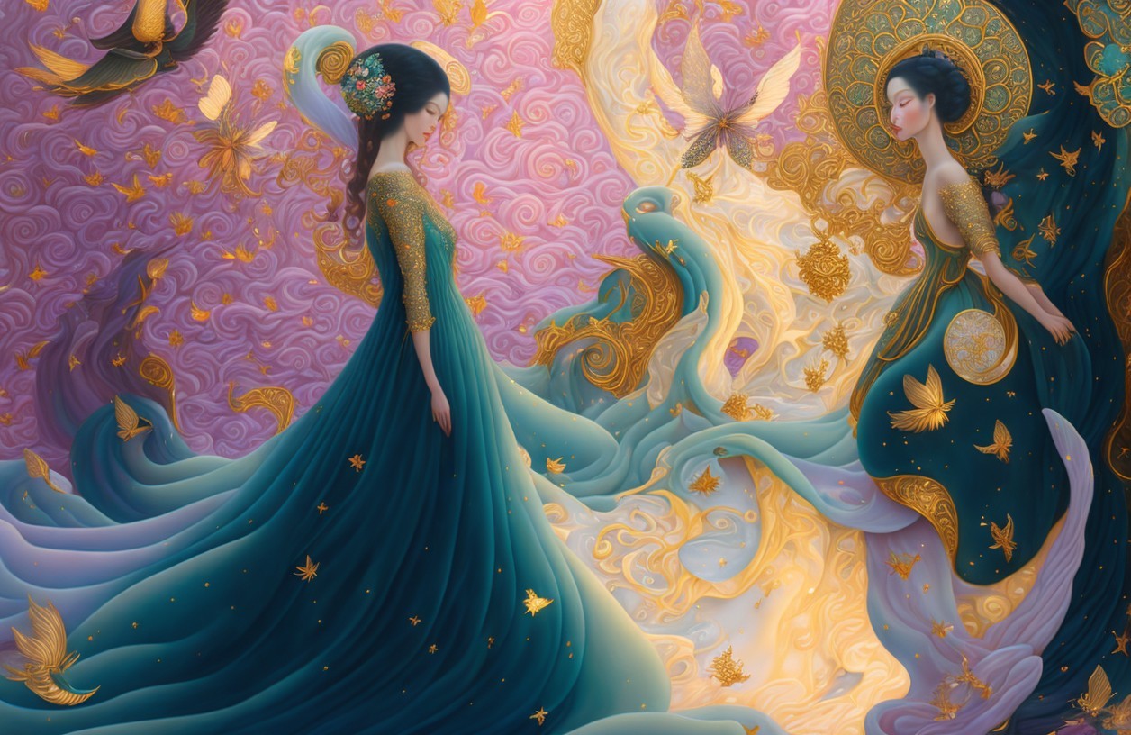 Ethereal Figures in Flowing Gowns with Pastel Backdrop