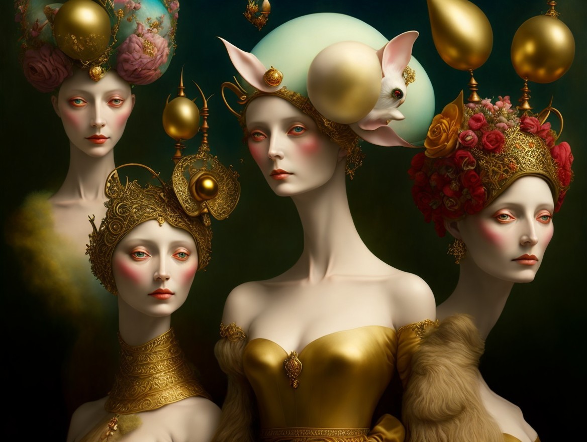 Elegant Figures in Opulent Attire with Elaborate Headpieces