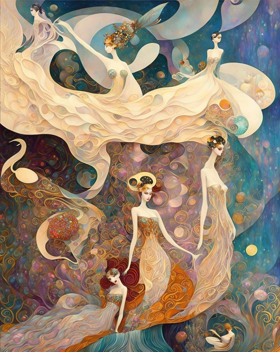 Surreal Composition of Ethereal Figures in Gowns