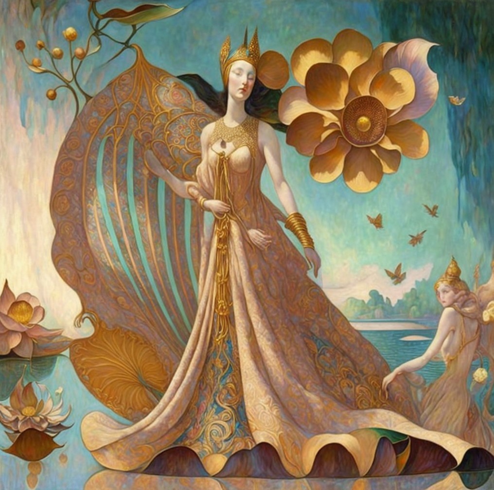 Majestic Figure in Ornate Gown by Tranquil Water