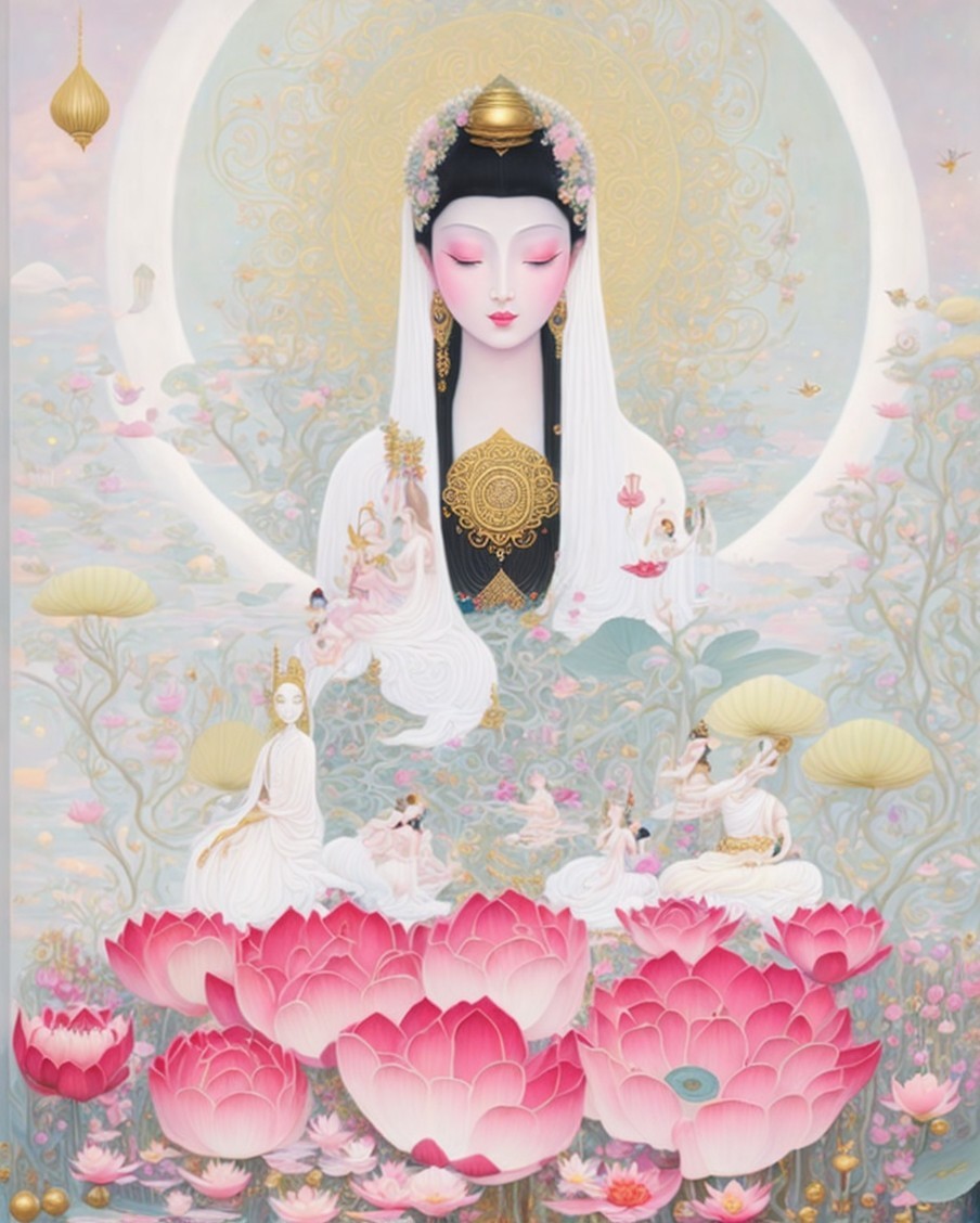 Ethereal Figure in Pastel Lotus Landscape Artwork